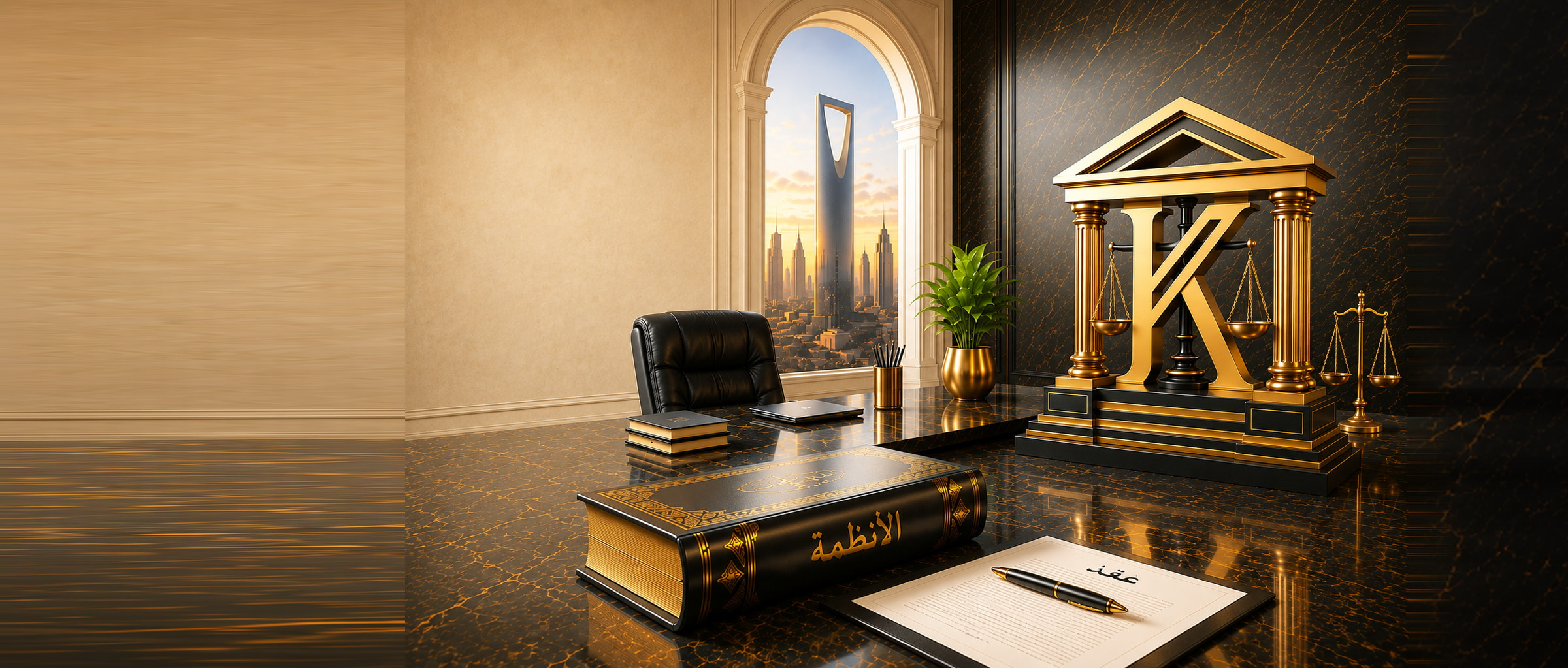 مكتب المحاماة — نصب حرف K الذهبي وميزان العدالة